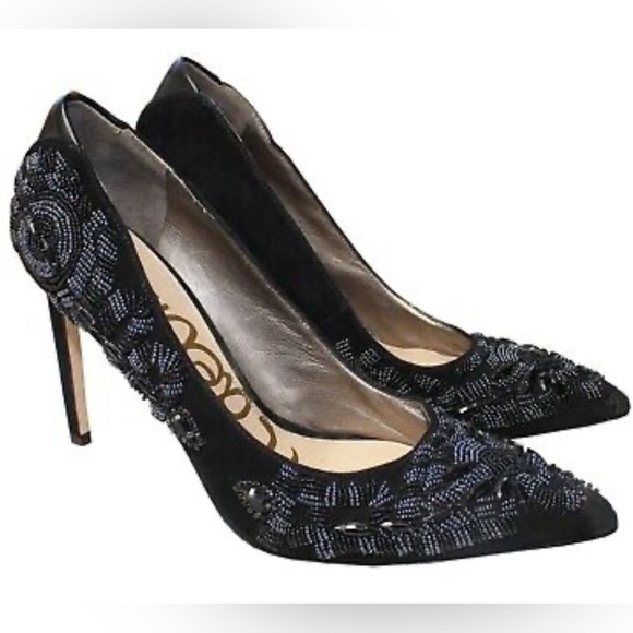 SAM EDELMAN Dani Black Suede Beaded 4" High Heel Women’s size 5 - Picture 1 of 14